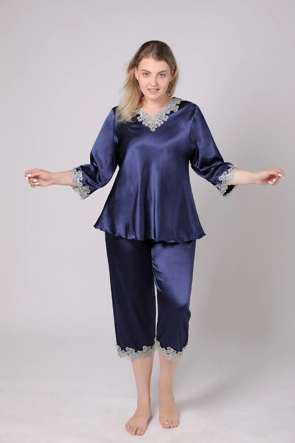  Showlu Fashion Store Blue 2pcs Set / XL Large Size 3/4 Long Sleeve 2PCS Lady Satin Pajamas Set Sexy Lace Flower Sleep Suit Lounge Sleepwear XL-6XL Lingerie Home Clothes