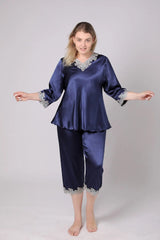  Showlu Fashion Store Blue 2pcs Set / XL Large Size 3/4 Long Sleeve 2PCS Lady Satin Pajamas Set Sexy Lace Flower Sleep Suit Lounge Sleepwear XL-6XL Lingerie Home Clothes