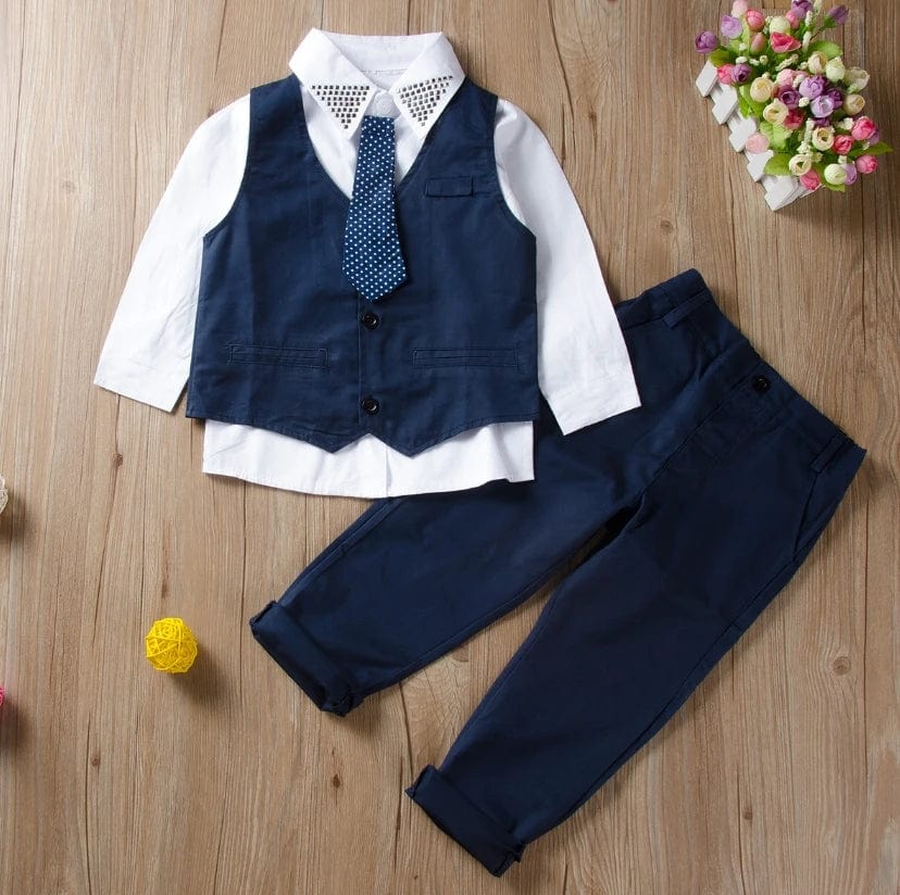  Showlu Fashion Store Blue / 2T New Baby Kids Boys Tuxedo Suit Shirt Waistcoat Tie Pants Formal Outfits Clothes Set