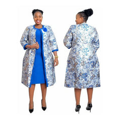 SHOWLU FASHION STORE blue / 2XL 2 Piece Set African Dresses For Women Coat And Office Lady Dress 2024 Autumn Winter New Bazin Riche Traditional Africa Clothing