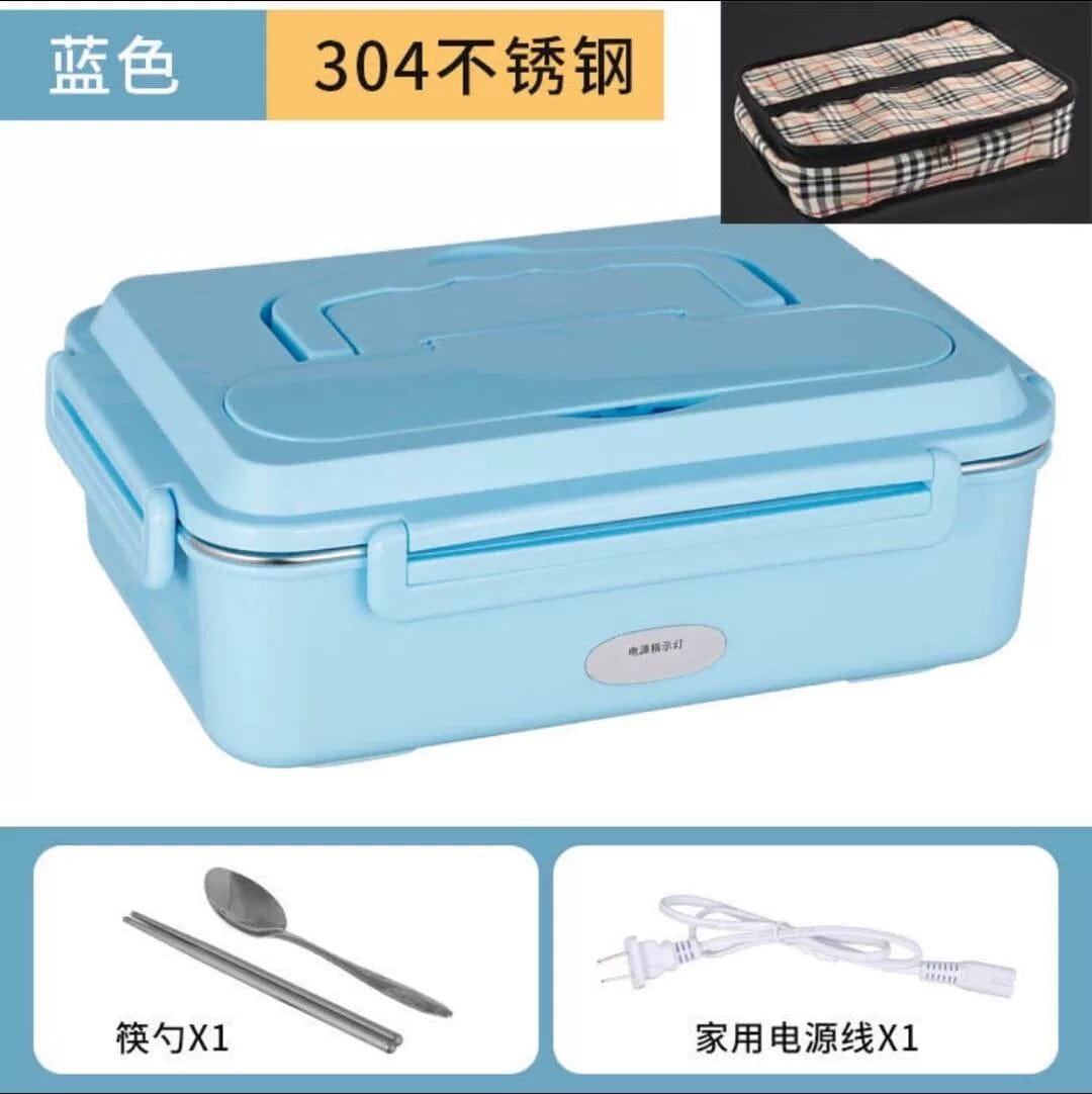  Showlu Fashion Store Blue 3-compartment tableware + household + bag No Water Injection Electric Lunch Box Plug-in Electric Heating Car Lunch Box 304 Multi-Functional Fabulous Dishes Heating up Appliance Convenient Meal Box