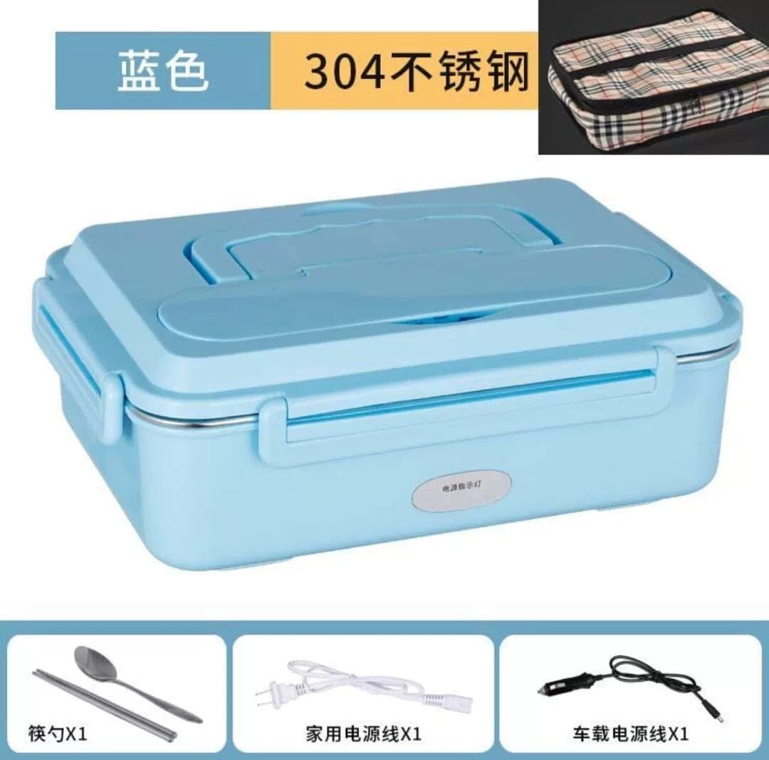  Showlu Fashion Store Blue 3-compartment tableware + household + car + bag No Water Injection Electric Lunch Box Plug-in Electric Heating Car Lunch Box 304 Multi-Functional Fabulous Dishes Heating up Appliance Convenient Meal Box