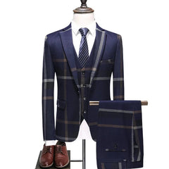 SHOWLU FASHION STORE Blue 3 Piece Set / Asian 5XL is Eur 3XL Men's Wedding Plaid Blue Gray Blazers Jacket Pants Vest 3 Pcs Set  2023 Slim Fit Business Tuxedo Dress Classic Formal Suits Coat