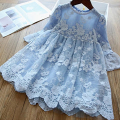  Showlu Fashion Store Blue / 3T Kids Dresses For Girls Flower Lace Tulle Dress Wedding Little Girl Ceremony Party Birthday Dress Children Autumn Casual Clothing