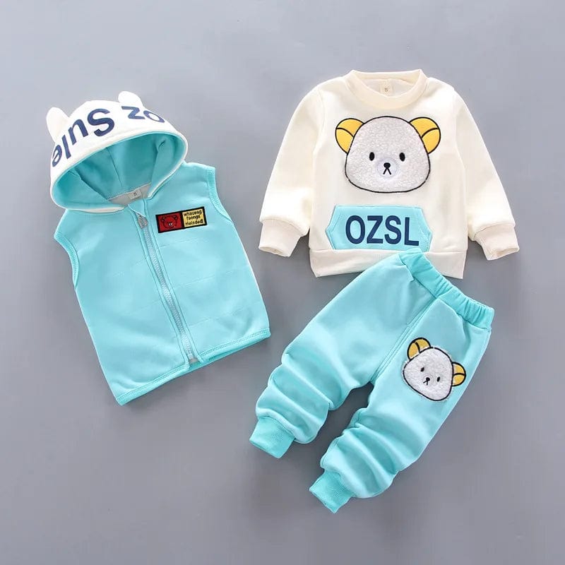 Showlu Fashion Store Blue / 4T Autumn Winter Baby Boys Clothes Sets Thick Fleece Cartoon Bear Jacket Vest Pants 3Pcs Cotton Sport Suit For Girls Warm Outfits