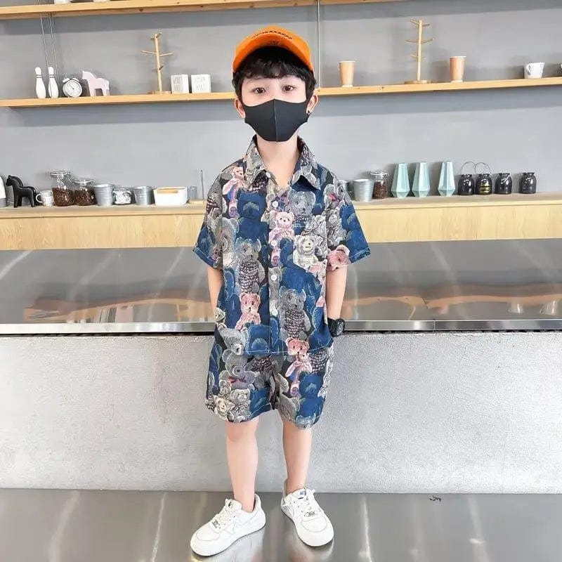  Showlu Fashion Store Blue / 9-10Y(140CM) / CHINA Summer Teenage Boy Clothes Set Cartoon Bear Short Sleeve Lapel Shirts and Shorts Suit Children's Boys Top and Bottom Streetwear