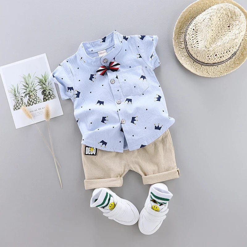  Showlu Fashion Store Blue / 9-12M IENENS Summer Baby Boys Clothes Clothing Sets Kids Short Sleeve Shirt + Shorts Outfits 1 2 3 4 Years Child Bow Tie Shirts Suits