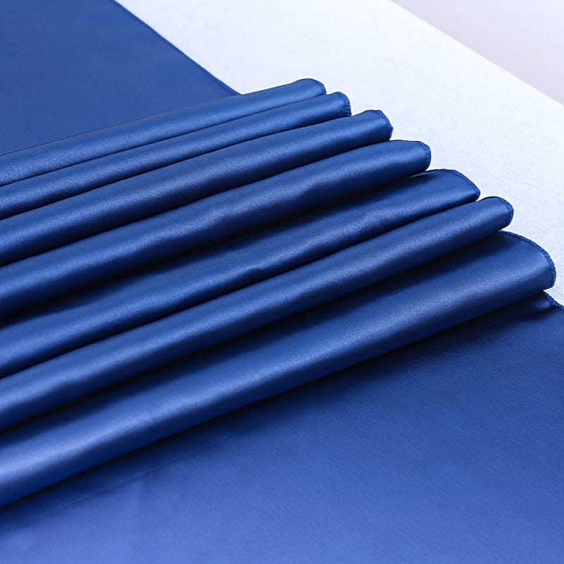 Elegant blue satin table runner by Showlu Fashion, 12x108 inches, smooth polyester fabric for wedding and party decor.