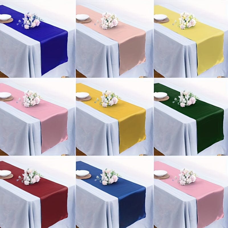 Elegant blue satin table runner from Showlu Fashion, 12x108 inches, smooth polyester fabric perfect for wedding and party decor.