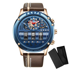 Showlu Fashion Store blue and box Business Casual watch for men Creative Men WristWatch Unique Rotate Date Leather Strap Quartz Watch Male Military Sport Clock