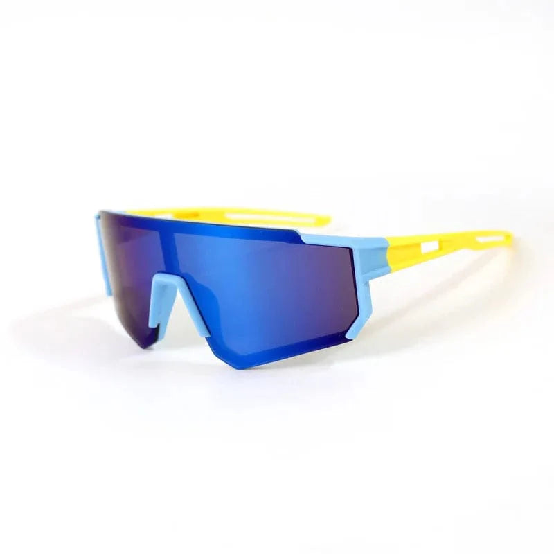 Blue Showlu Fashion Kids UV400 sports sunglasses with colorful lenses, ideal for boys and girls outdoor cycling and sun protection.