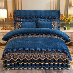 SHOWLU FASHION STORE Blue / CHINA|Bed Skirt / 2x2.2m (6.6 feet)bed Europe Thick Velvet Quilted Bedding Set Duvet Cover 220x240 Luxury King Queen Bed Linen 2 People Bedspread Lace Ruffles Solid