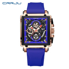  Showlu Fashion Store Blue CRRJU Men's Sports Chronograph Wrist Watch For Men Army Silicone strap Square Quartz Stop Watch Clock Man Relogios Masculino