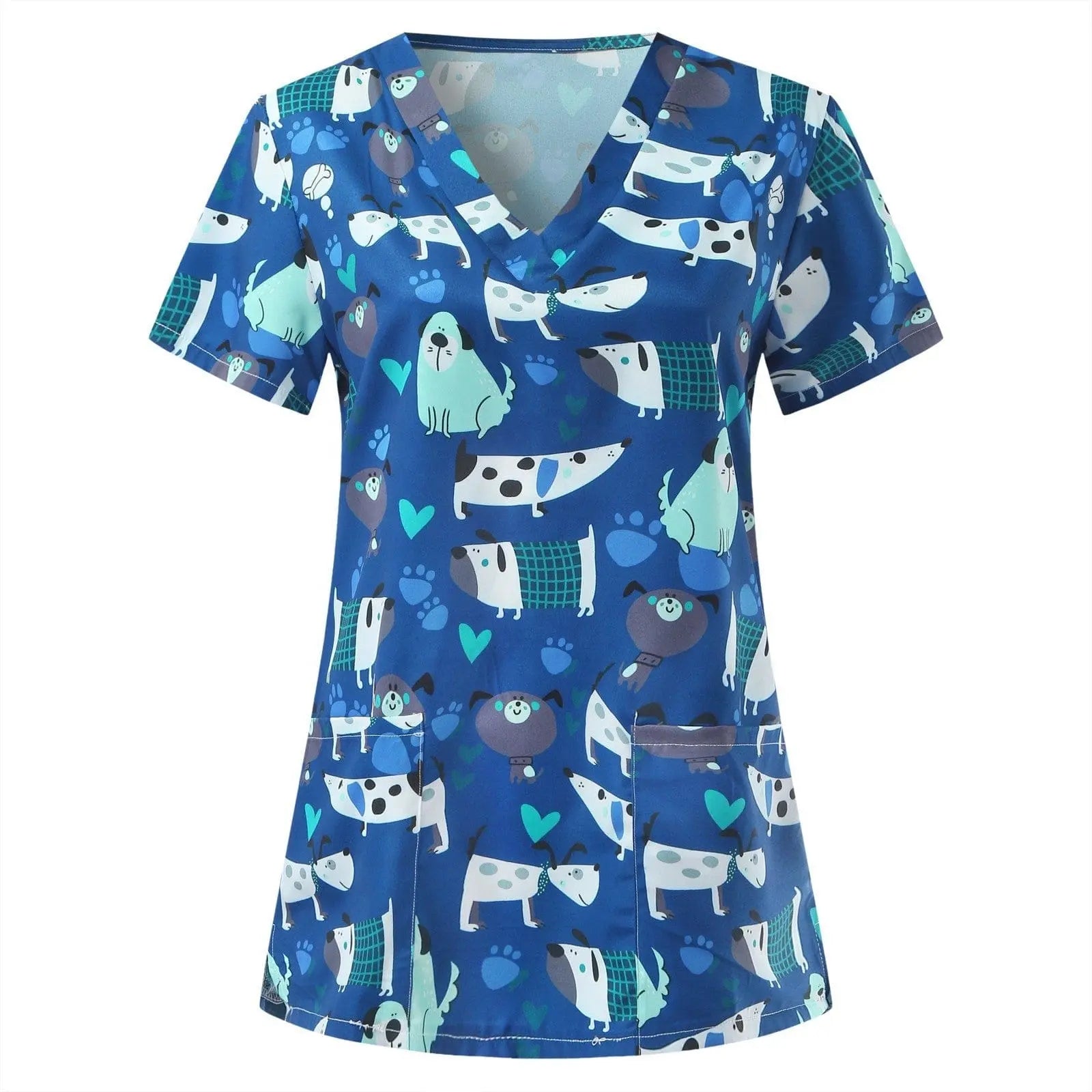 Showlu Fashion women's animal print nursing scrub top with colorful koala, dog, and cat print in stretch polyester-spandex fabric.