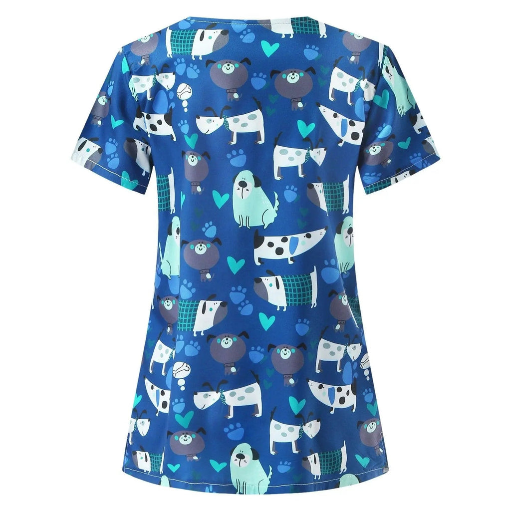 Showlu Fashion women's animal print nursing scrub top with colorful koala, dog, and cat prints, made of stretch polyester spandex.