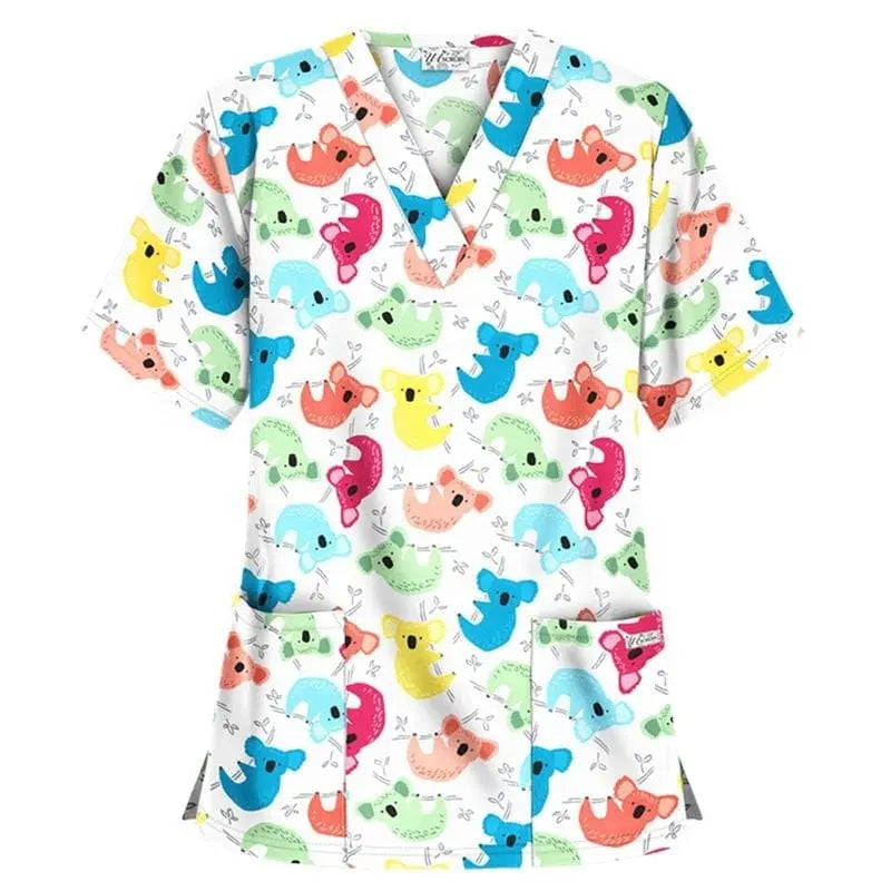 Showlu Fashion women's animal print nursing scrub top with colorful dog, koala, and cat designs in stretchy polyester-spandex fabric.