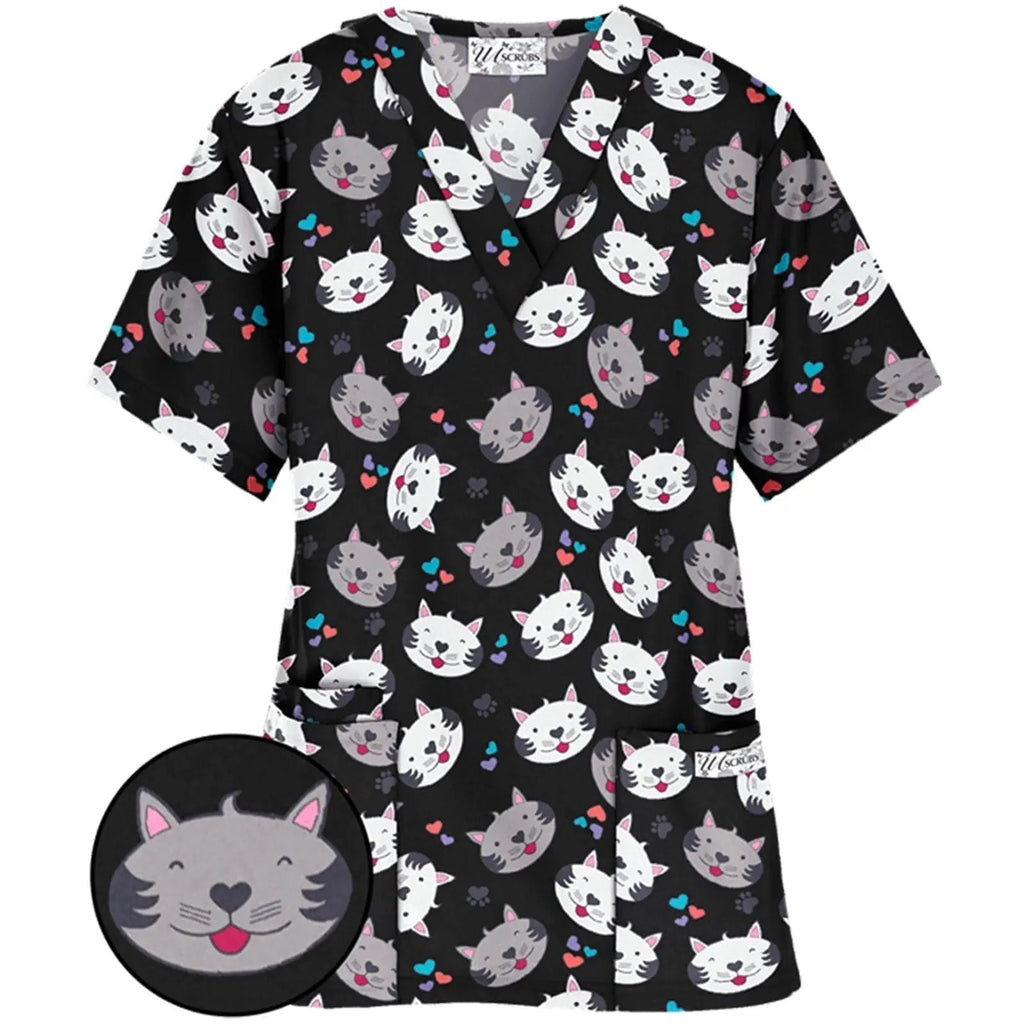 Showlu Fashion women's animal print nursing scrub top with colorful koala, dog, and cat print in stretch polyester-spandex fabric.