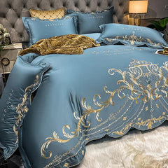 SHOWLU FASHION STORE Blue / Flat Bed Sheet / King   4pcs Egyptian Cotton Bedding Set Golden Embroidery Home Textiles Super Soft Bed Duvet Sheet Set King Queen Size Chic Stitch Linen 이불