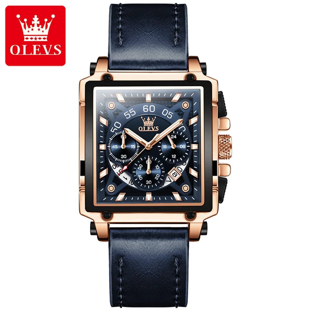 SHOWLU FASHION STORE Blue Gold Blue / CN OLEVS 9919 Quartz Watch for Men Chronograph Multifunctional Wristwatch Leather strap Square Big Dial Leisure Sports Mens Watches