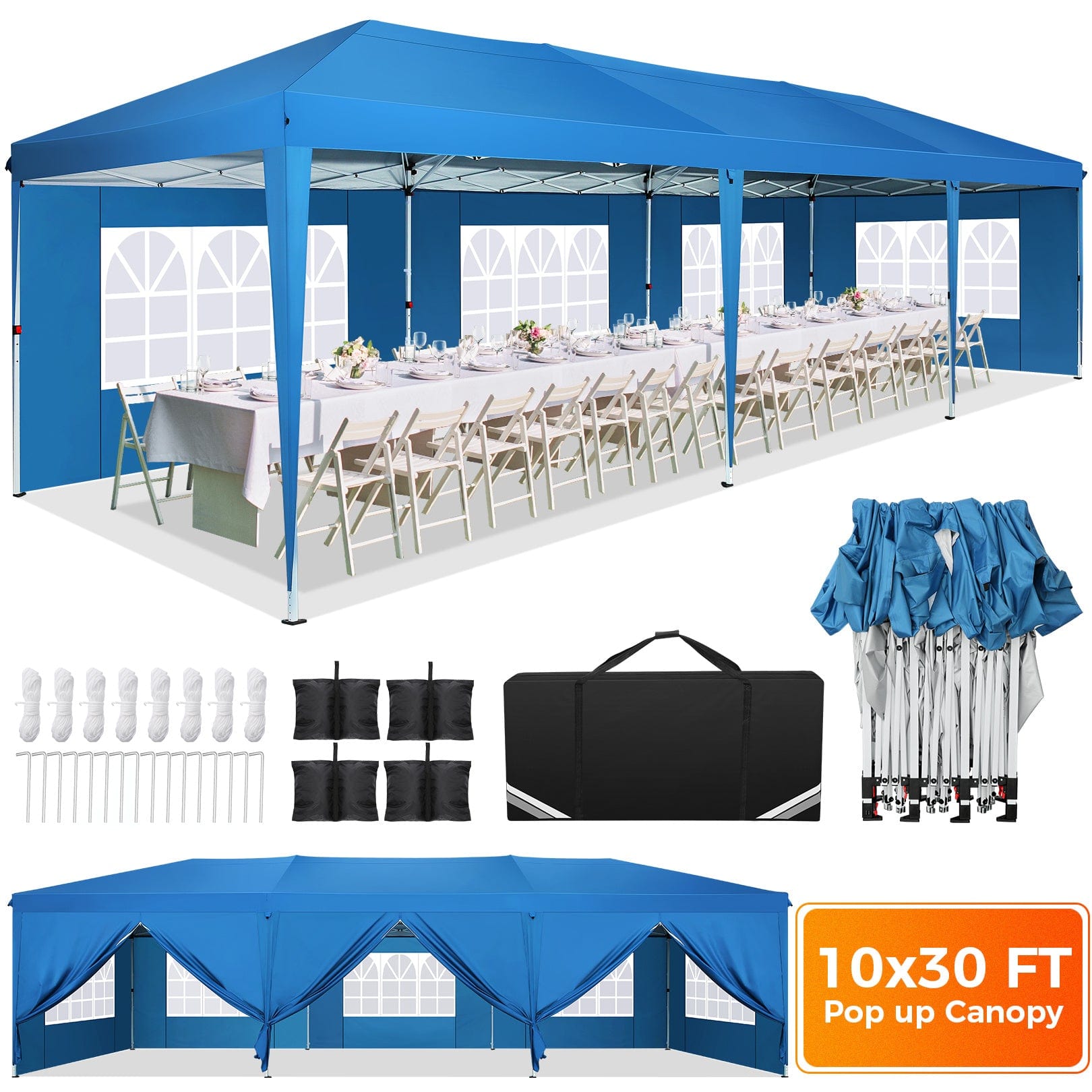  Showlu Fashion Store BLUE Hoteel 10x30Party Pop Up Canopy Tent, Removable Canopy Tent with 8 Side Walls, Waterproof Commercial Instant Shelter Tent for Weddings, Patio with Tote Bag and 4 Sandbags