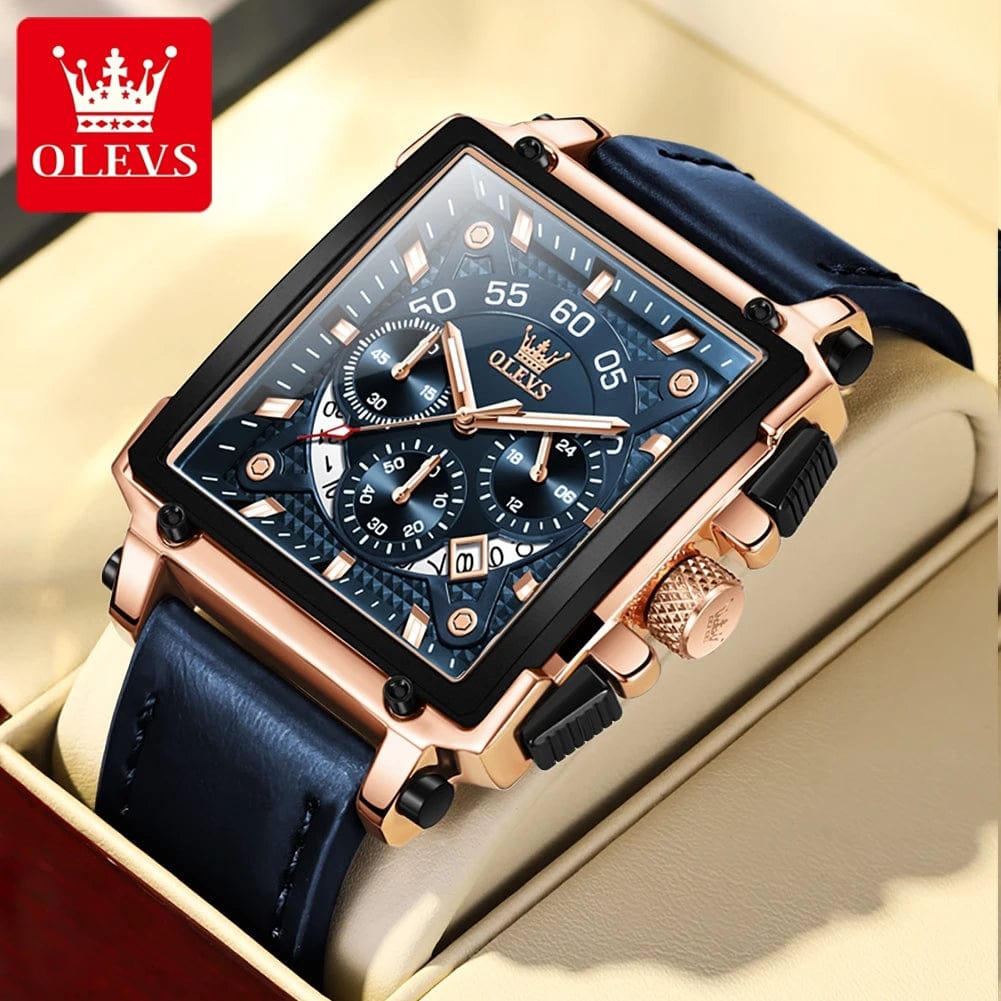 SHOWLU FASHION STORE blue / ITALY OLEVS 9919 Chronograph Multifunctional Quartz Men's Watch Leather strap 45MM Square Big Dial Leisure Sports TOP Brand Male Watch