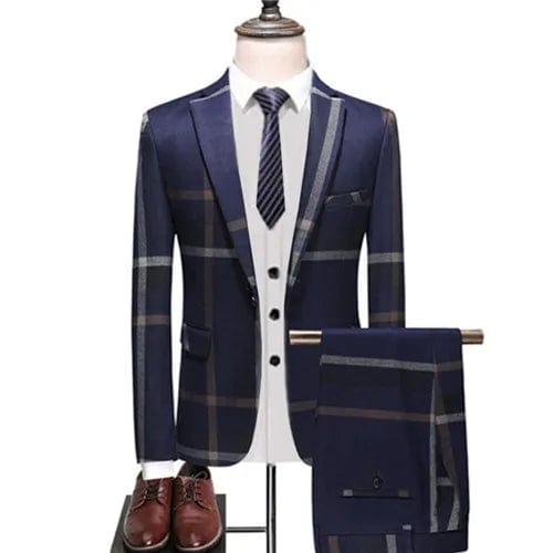 SHOWLU FASHION STORE Blue Jacket and Pant / Asian 5XL is Eur 3XL Men's Wedding Plaid Blue Gray Blazers Jacket Pants Vest 3 Pcs Set  2023 Slim Fit Business Tuxedo Dress Classic Formal Suits Coat