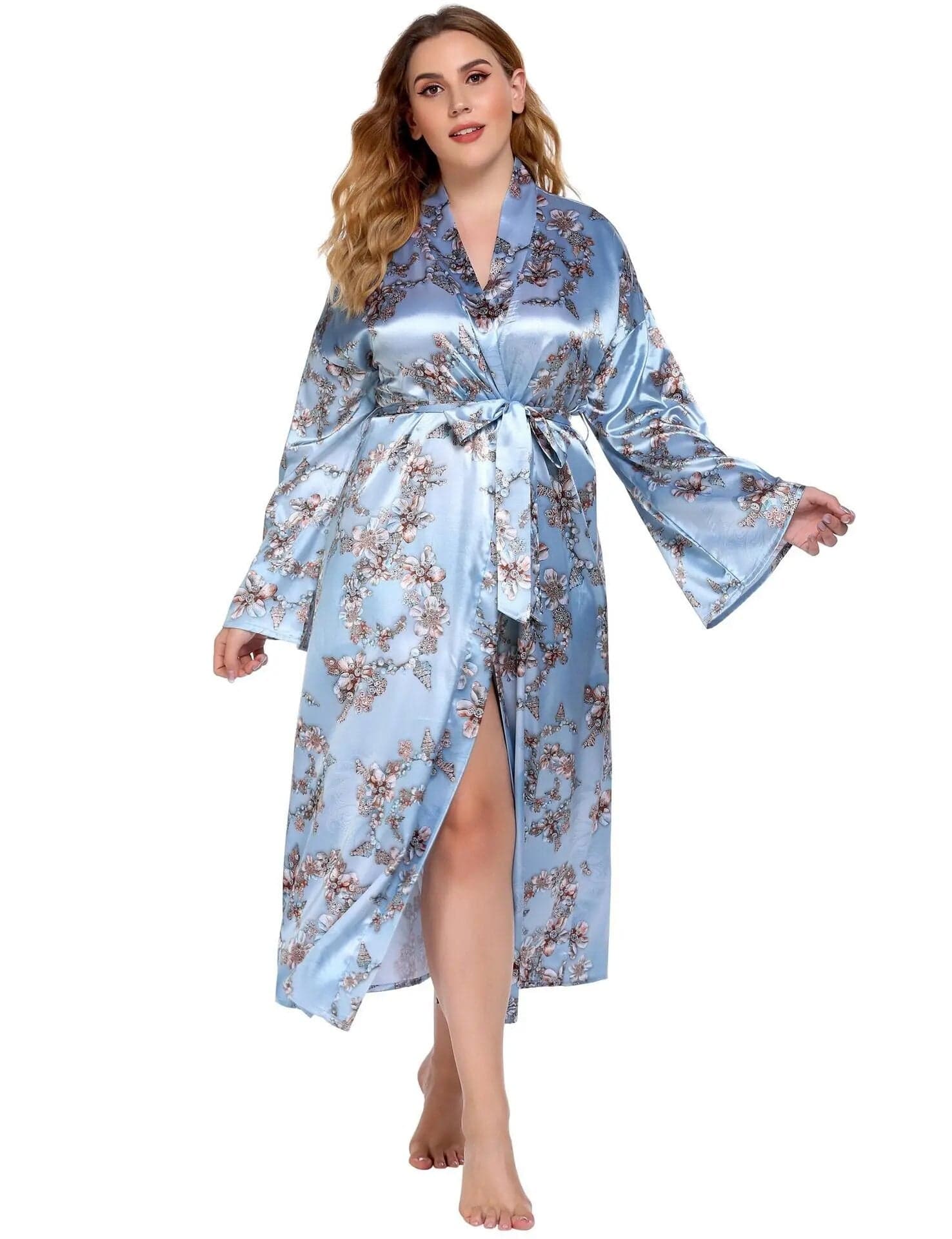  Showlu Fashion Store Blue-Kimono / XL Large Size 3/4 Long Sleeve 2PCS Lady Satin Pajamas Set Sexy Lace Flower Sleep Suit Lounge Sleepwear XL-6XL Lingerie Home Clothes