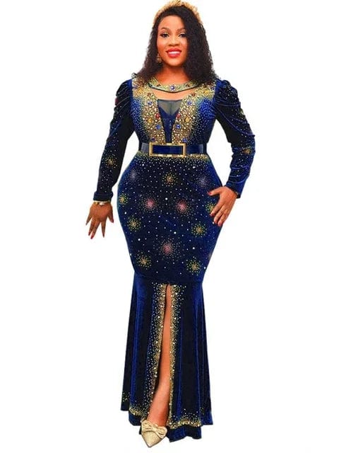 SHOWLU FASHION STORE Blue / L Maxi Dress Luxury Hot Diamonds Beaded Round Neck Long Sleeve Dress Gold Velvet Dress African Fashion Women 2022 New