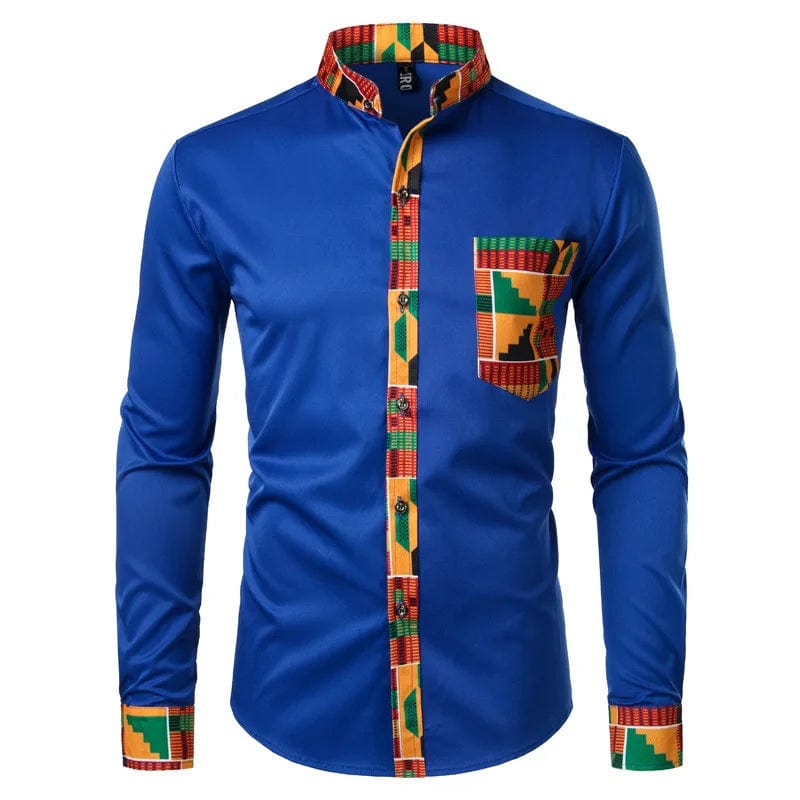  Showlu Fashion Store blue / L New African Clothing Men's Shirt Standing Neck Digital Printing Long Sleeve Flower Shirt Men's Cardigan Top