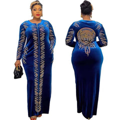  Showlu Fashion Store Blue / L Velvet Maxi Dress African Clothes For Women Letter Robe Africa Clothing Sequins O Neck Short Sleeve African Dresses Plus Size 4X