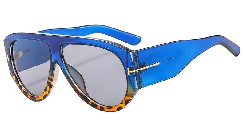 Showlu Fashion oversized pilot sunglasses for women with blue leopard and gray gradient lenses, luxury UV400 shades, retro style.