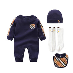  Showlu Fashion Store blue long 4 pcs / 3M Newborn Cotton Baby Overalls Boy Girls Clothes One Piece Pocket Jumpsuits 3PCS/Set New Fashion Plaid Baby Romper+Bibs+Hat