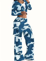 SHOWLU FASHION STORE Blue / M Camouflage Printed Casual Set Fashionable Sexy Short Top Casual Pants Two-piece Set Women's Sports Suit Outdoor Clothing