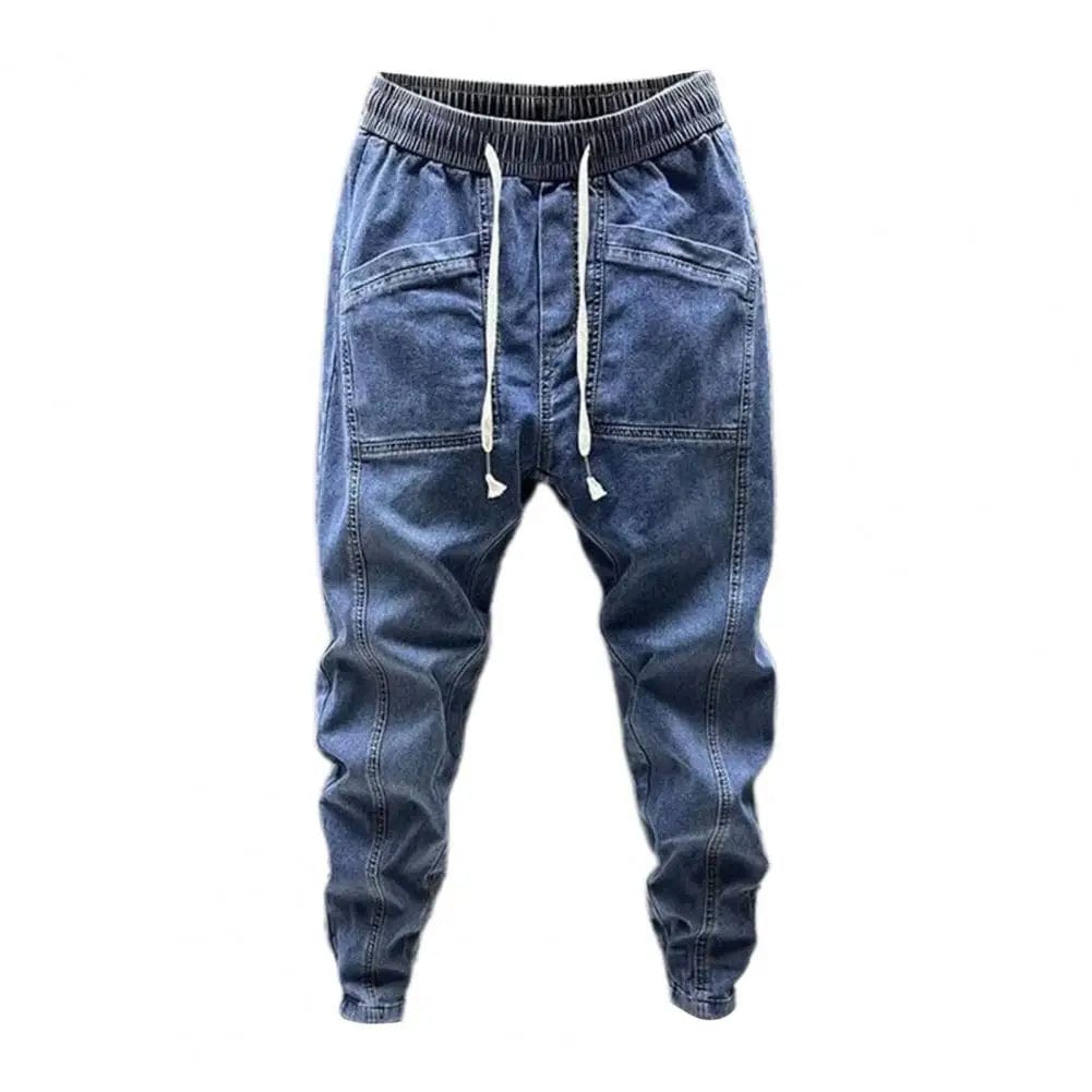  Showlu Fashion Store Blue / M Elastic Waist Jeans Men's Elastic Drawstring Waist Denim Cargo Pants With Pockets Solid Color Harem Trousers For Spring Autumn