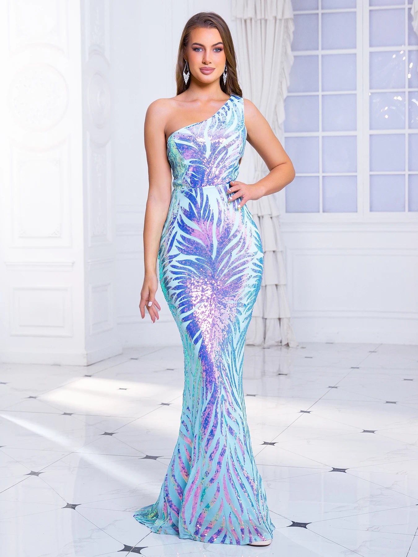 SHOWLU FASHION STORE Blue / M One Shoulder Stretch Sequin Party Dress Sleeveless Bodycon Floor Length Evening Night Prom Gown Blue Green