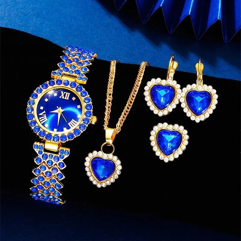  Showlu Fashion Store Blue New Luxury Watch Women Necklace Earring Blue Rhinestone Fashion Wristwatch Casual Ladies Watches Jewelry Set Relogio Feminino