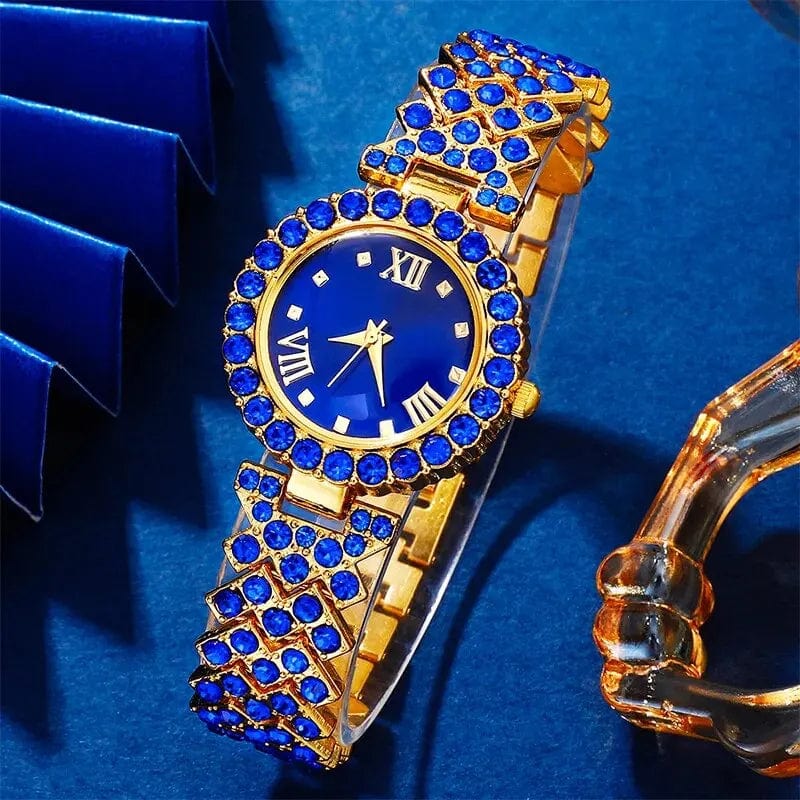  Showlu Fashion Store Blue New Luxury Watch Women Necklace Earring Blue Rhinestone Fashion Wristwatch Casual Ladies Watches Jewelry Set Relogio Feminino