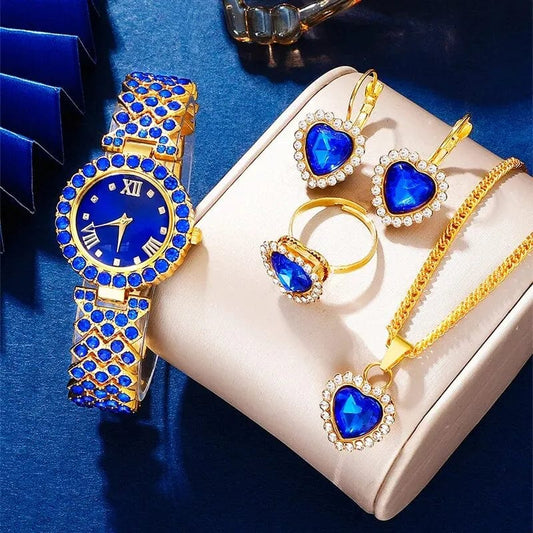  Showlu Fashion Store Blue New Luxury Watch Women Necklace Earring Blue Rhinestone Fashion Wristwatch Casual Ladies Watches Jewelry Set Relogio Feminino