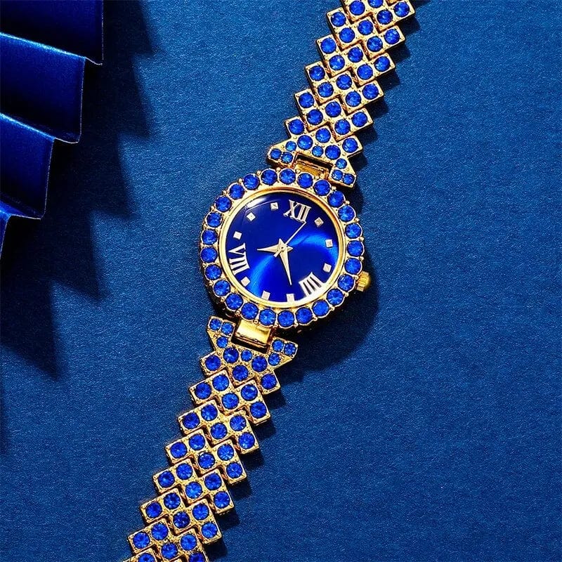  Showlu Fashion Store Blue New Luxury Watch Women Necklace Earring Blue Rhinestone Fashion Wristwatch Casual Ladies Watches Jewelry Set Relogio Feminino