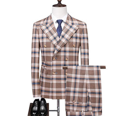 SHOWLU FASHION STORE blue plaid / Asian 5XL is Eur 3XL Fashion New Men Double Breasted Plaid Suit Coat Pants 2 Pcs Set / Male Slim Fit Business Wedding Blazers Jacket Trousers