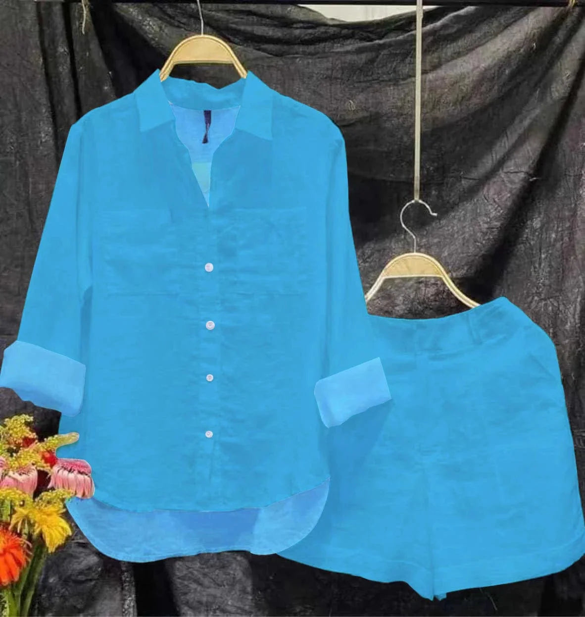 Showlu Fashion Women's blue cotton linen 2-piece set with long sleeve shirt and shorts, casual summer loungewear for women.