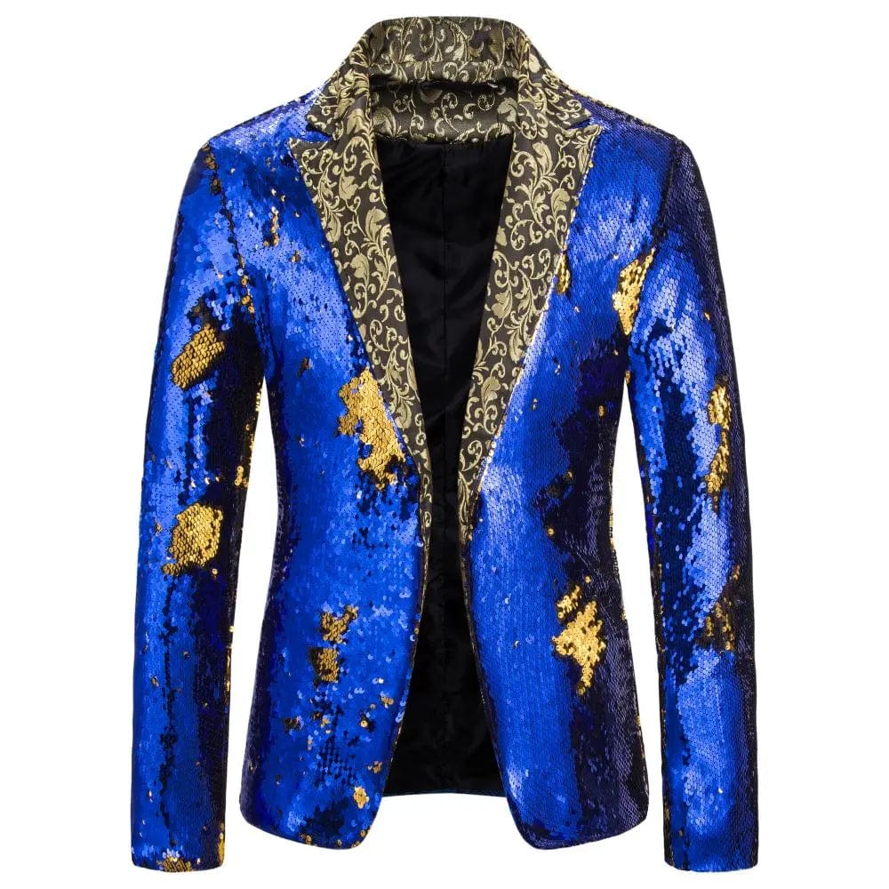 SHOWLU FASHION STORE blue / S Men's Suit Shiny two-tone sequin shawl Collar suit Men's Wedding Groom Singer Dance Sequin Suit Jacket DJ Club Stage Men's suit