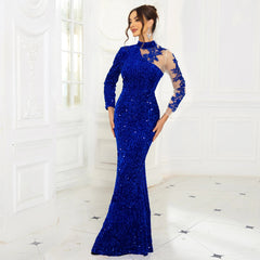 SHOWLU FASHION STORE Blue / S Royal Blue Full Sleeved Lace Floral Sequined Velvet Evening Dress High Neck Hollow Out Long Prom Gown