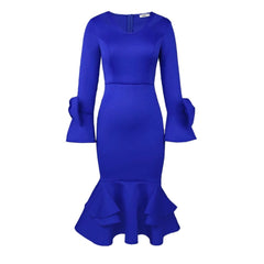 SHOWLU FASHION STORE Blue / S White Bodycon Dress V Neck Long Sleeve Bowtie High Waist Ruffles Midi Evening Cocktail Party Gowns for Women Wedding Gust