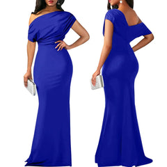  Showlu Fashion Store Blue / S Women Oblique Shoulder Slim Folds Long Dress Elegant Evening Party Floor Length Dresses Vestido de festa