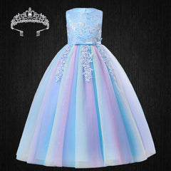  Showlu Fashion Store Blue Set01 1 / (3-4)T Formal Occasion Young Girl Tassel Rainbow Floral Long Elegant Bridesmaid Dresses Children's Graduation Party Ceremony Costumes