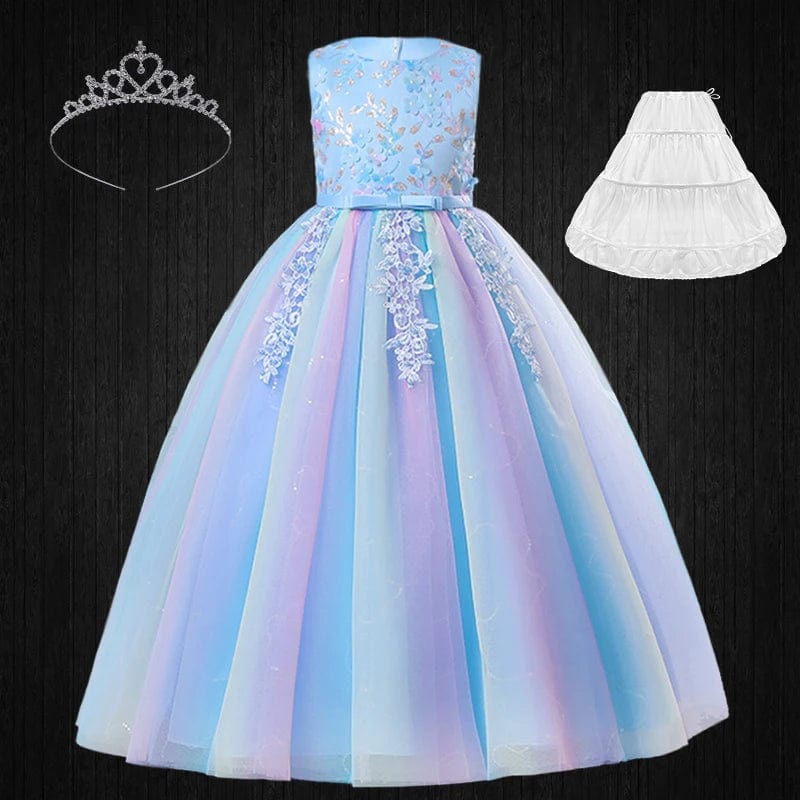  Showlu Fashion Store Blue Set01 2 / (3-4)T Formal Occasion Young Girl Tassel Rainbow Floral Long Elegant Bridesmaid Dresses Children's Graduation Party Ceremony Costumes