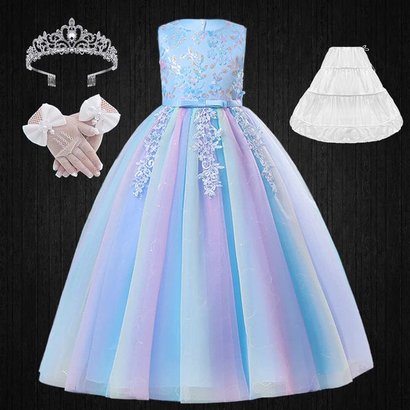  Showlu Fashion Store Blue Set01 3 / (3-4)T Formal Occasion Young Girl Tassel Rainbow Floral Long Elegant Bridesmaid Dresses Children's Graduation Party Ceremony Costumes