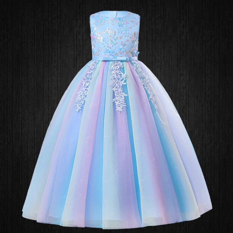  Showlu Fashion Store Blue Set01 / (3-4)T Formal Occasion Young Girl Tassel Rainbow Floral Long Elegant Bridesmaid Dresses Children's Graduation Party Ceremony Costumes