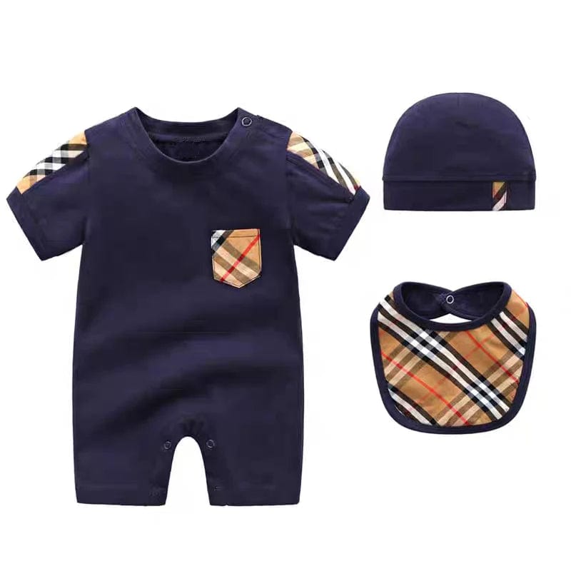  Showlu Fashion Store blue short 3 pcs / 9M Newborn Cotton Baby Overalls Boy Girls Clothes One Piece Pocket Jumpsuits 3PCS/Set New Fashion Plaid Baby Romper+Bibs+Hat